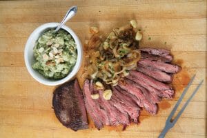 Flank Steak with Caramelized Onions and Roasted Garlic